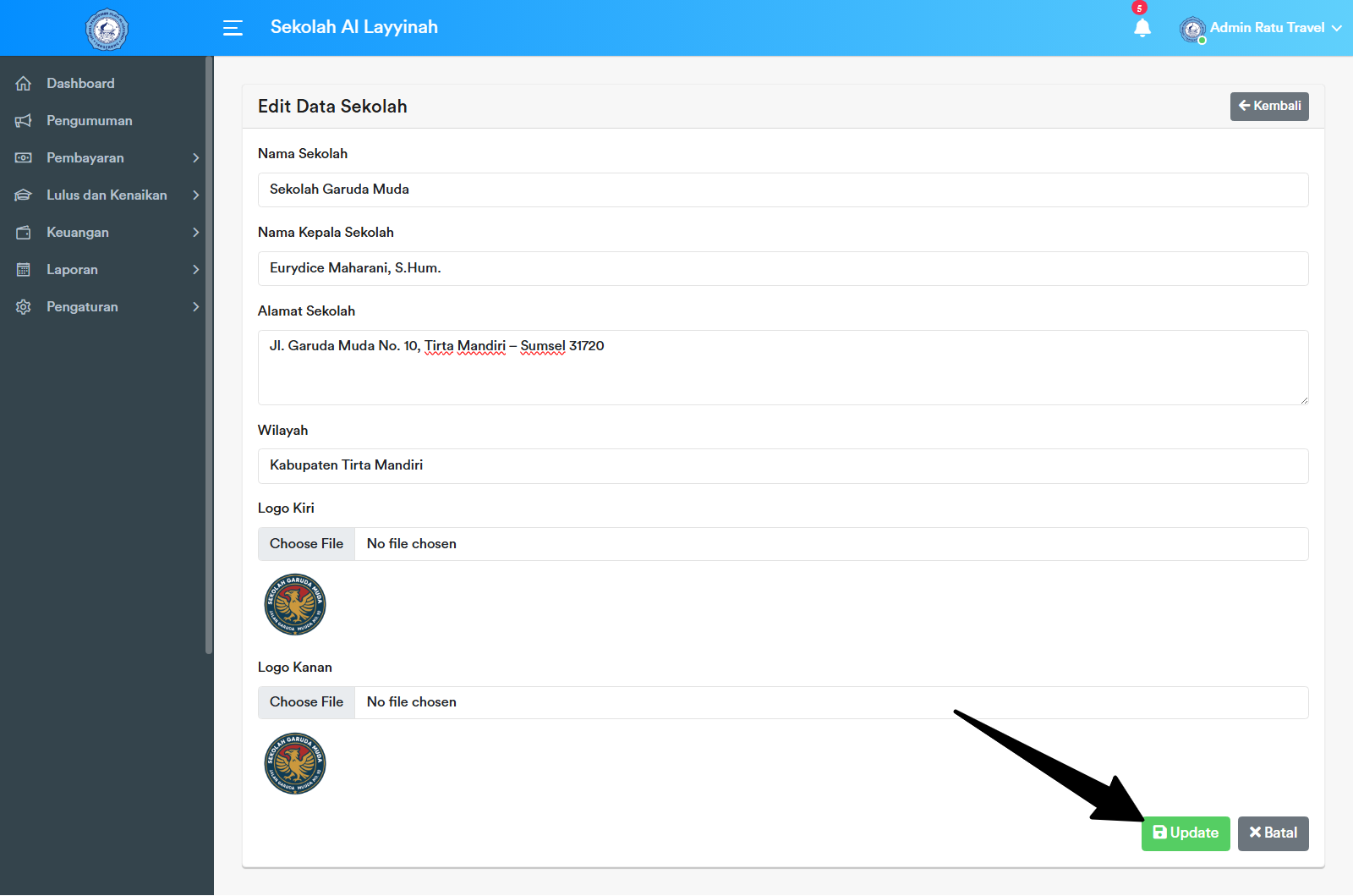 Tombol Update Sekolah